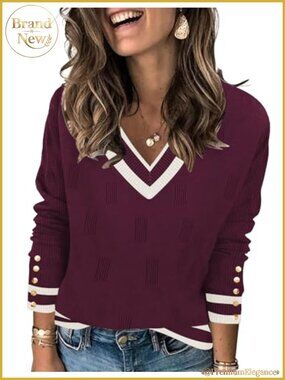 V Neck Sweater Long Sleeve Knit Pullover with Decorative Buttons